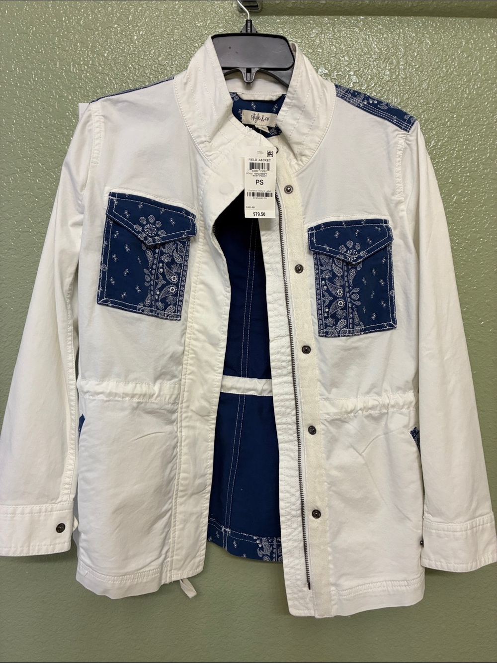 Style & Co. White Utility Jacket with Navy Bandana Pockets